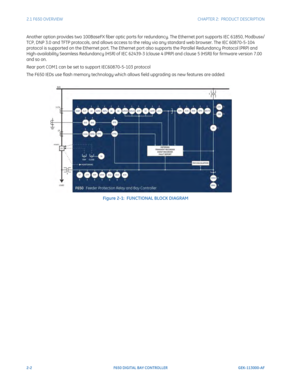 Page 322-2F650 DIGITAL BAY CONTROLLER GEK-113000-AF
2.1 F650 OVERVIEW CHAPTER 2:  PRODUCT DESCRIPTION
Another option provides two 100BaseFX fiber optic ports for redundancy. The Ethernet port supports IEC 61850, Modbus®/
TCP, DNP 3.0 and TFTP protocols, and allows access to the relay via any standard web browser. The IEC 60870-5-104 
protocol is supported on the Ethernet port. The Ethernet port also supports the Parallel Redundancy Protocol (PRP) and 
High-availability Seamless Redundancy (HSR) of IEC 62439-3...