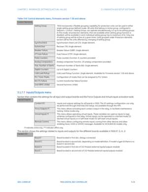 Page 85CHAPTER 3:  INTERFACES, SETTINGS & ACTUAL VALUES 3.1 ENERVISTA 650 SETUP SOFTWARE
GEK-113000-AF F650 DIGITAL BAY CONTROLLER 3-23
Table 3-8: Control elements menu, f irmware version 7.50 and above
3.1.7.7  Inputs/Outputs menu
Section that contains the settings for all input and output boards and the Force Outputs and Virtual inputs activation tools.  
(*) indicates online only, (**) indicates offline only
This section shows the settings related to inputs  and outputs for the different boards available in...