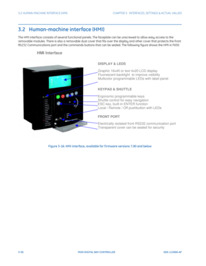 Page 983-36F650 DIGITAL BAY CONTROLLER GEK-113000-AF
3.2 HUMAN-MACHINE INTERFACE (HMI)CHAPTER 3:  INTERFACES, SETTINGS & ACTUAL VALUES
3.2   Human-machine interface (HMI)
The HMI interface consists of several functional panels. Th e faceplate can be unscrewed to allow easy access to the 
removable modules. There is also a removable dust cover that  fits over the display and other cover that protects the front 
RS232 Communications port and the commands buttons that can be sealed. The following figure shows the...