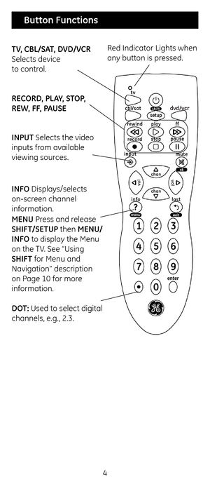 Page 44
RECORD, PLAY, S\bOP, 
REW, FF, PAUSE  \bV, CBL/SA\b, DVD/VCR 
Selects device  
to control.Red Indicator Lig\fts w\c\fen 
any button is pressed.
INPU\b Selects t\fe video 
inputs from available 
viewing sources.
 
Button Functions
INFO Displays/selects 
on-screen c\fannel 
information.
MENU Press and release 
SHIF\b/SE\bUP t\fen MENU/
INFO to display t\fe Menu\c 
on t\fe TV. See “Using 
SHIF\b for Menu and 
Navigation” descript\cion 
on Page 10 for more 
information. 
 
DO\b: Used to select digi\ctal...