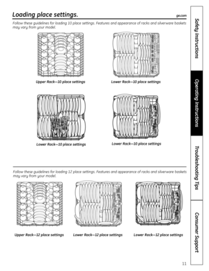 Page 1111
Consumer Support
Troubleshooting Tips
Operating Instructions
Safety Instructions
Follow these guidelines for loading 10 place settings. Features and appearance of racks and silverware baskets
may vary from your model.
Follow these guidelines for loading 12 place settings. Features and appearance of racks and silverware baskets
may vary from your model.
Upper Rack—12 place settings  Lower Rack—12 place settings  Lower Rack—12 place settings 
Loading place settings.ge.com
Upper Rack—10 place settings...