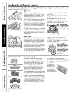 Page 1010
Operating Instructions
Safety Instructions
Consumer Support
Troubleshooting Tips
Loading the dishwasher racks.
For best dishwashing results, follow these loading guidelines. Features and appearance of racks and silverware
baskets may vary from your model.
Upper Rack
Although the upper rack is for glasses, cups and
saucers, pots and pans can be placed in this rack
for effective cleaning. Cups and glasses fit best
along the sides. This is also a secure place for
dishwasher-safe plastics.
The utility...