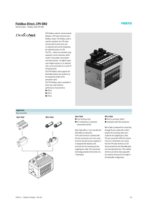 Page 132004/11 – Subject to change – Info 20113
Fieldbus Direct, CPV-DN2
Technical data – Fieldbus node CPV-DN2
CPV fieldbus node for communication
between a CPV valve terminal and a
fieldbusmaster.Thefieldbusnodeis
used for activation of a CPV valve
terminal with 8 valve slices and
16 solenoid coils and for displaying
the switching status via LED.
TheCPV-…valvesareactivatedusing
automatic current reduction, which
resultsinlesspowerconsumption
and heat emission. 16 digital inputs
and 8 digital outputs or 16...