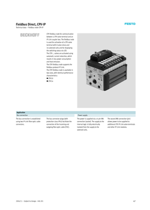 Page 472004/11 – Subject to change – Info 20147
Fieldbus Direct, CPV-IP
Technical data – Fieldbus node CPV-IP
CPV fieldbus node for communication
between a CPV valve terminal and an
IP-Link coupler box. The fieldbus node
is used for activation of a CPV valve
terminal with 8 valve slices and
16 solenoid coils and for displaying
the switching status via LED.
TheCPV-…valvesareactivatedusing
automatic current reduction, which
resultsinlesspowerconsumption
and heat emission.
The CPV fieldbus node supports the...