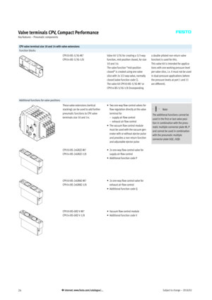 Page 24Subject to change – 2018/0224 Internet: www.festo.com/catalogue/...
Valve terminals CPV, Compact Performance
Key features – Pneumatic components
CPV valve terminal size 10 and 14 with valve extensions
Function blocks
CPV10-BS-5/3G-M7
CPV14-BS-5/3G-1/8Valve kit 5/3G for creating a 5/3-way
function, mid-position closed, for size
10 and 14:
The valve function “mid-position
closed” is created using one valve
slice with 2x 3/2-way valve, normally
closed (valve function code C).
The valve kit CPV10-BS-5/3G-M7...