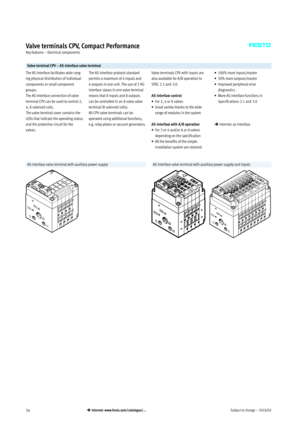 Page 34Subject to change – 2018/0234 Internet: www.festo.com/catalogue/...
Valve terminals CPV, Compact Performance
Key features – Electrical components
Valve terminal CPV – AS-interface valve terminal
The AS-interface facilitates wide rang­
ing physical distribution of individual
components or small component
groups.
The AS-interface connection of valve
terminal CPV can be used to control 2,
4, 8 solenoid coils.
The valve terminal cover contains the
LEDs that indicate the operating status
and the protective...