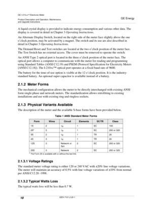Page 18GE I-210+cElectronic Meter
Product Description and Operation, Maintenance,and Upgrade Instructions
GE Energy
18GEH-7101-2.00-1
A liquid crystal display is provided to indicate energy consumption and various other data. The
display is covered in detail in Chapter 3Operating Instructions.
An Alternate Display Switch, located on the right side of the meter face slightly above the one
o’clock position, may be activated by a magnet. The switch and its use are also described in
detail in Chapter 3Operating...