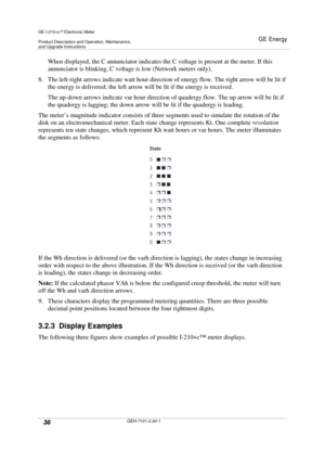 Page 36GE I-210+cElectronic Meter
Product Description and Operation, Maintenance,and Upgrade Instructions
GE Energy
36GEH-7101-2.00-1
When displayed, the C annunciator indicates the C voltage is present at the meter. If this
annunciator is blinking, C voltage is low (Network meters only).
8. The left-right arrows indicate watt hour direction of energy flow. The right arrow will be lit if
the energy is delivered; the left arrow will be lit if the energy is received.
The up-down arrows indicate var hour...