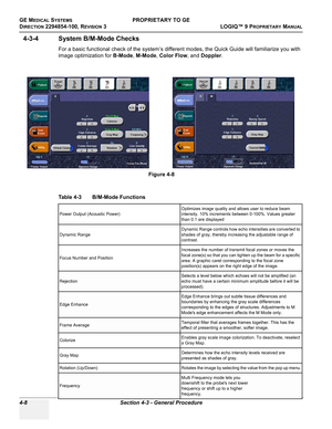 Page 114GE MEDICAL SYSTEMSPROPRIETARY TO GE
D
IRECTION 2294854-100, REVISION 3  LOGIQ™ 9 PROPRIETARYMANUAL   
4-8 Section 4-3 - General Procedure
4-3-4 System B/M-Mode Checks
For a basic functional check of the system’s different modes, the Quick Guide will familiarize you with 
image optimization for B-Mode, M-Mode, Color Flow, and Doppler.
Figure 4-8  
Table 4-3    B/M-Mode Functions
Power Output (Acoustic Power)Optimizes image quality and allows user to reduce beam 
intensity. 10% increments between 0-100%....