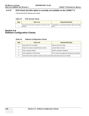 Page 126GE MEDICAL SYSTEMSPROPRIETARY TO GE
D
IRECTION 2294854-100, REVISION 3  LOGIQ™ 9 PROPRIETARYMANUAL   
4-20 Section 4-4 - Software Configuration Checks
4-3-12 ECG Check Out (this option is currently not available on the LOGIQ™ 9
Connect the ECG Harness and check:
Section 4-4
Software Configuration Checks
Table 4-5     ECG Harness Check
StepTask to doExpected Result(s)
1.Connect the ECG at the Connector on the Front of the 
scanner.It will display a curve along the bottom edge of the image 
sector
Table...