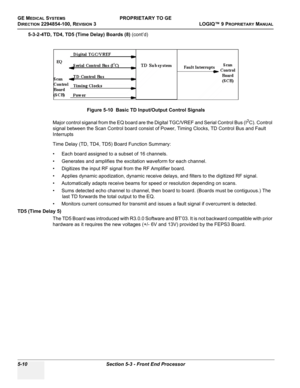 Page 140GE MEDICAL SYSTEMSPROPRIETARY TO GE
D
IRECTION 2294854-100, REVISION 3  LOGIQ™ 9 PROPRIETARYMANUAL   
5-10 Section 5-3 - Front End Processor
5-3-2-4TD, TD4, TD5 (Time Delay) Boards (8) (cont’d)
Major control siganal from the EQ board are the Digital TGC/VREF and Serial Control Bus (I
2C). Control 
signal between the Scan Control board consist of Power, Timing Clocks, TD Control Bus and Fault 
Interrupts
Time Delay (TD, TD4, TD5) Board Function Summary:
• Each board assigned to a subset of 16 channels.
•...