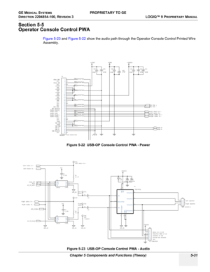 Page 161GE MEDICAL SYSTEMS PROPRIETARY TO GE
D
IRECTION 2294854-100, REVISION 3  LOGIQ™ 9 PROPRIETARYMANUAL 
Chapter 5 Components and Functions (Theory) 5-31
Section 5-5
Operator Console Control PWA
Figure 5-23 and Figure 5-22 show the audio path through the Operator Console Control Printed Wire 
Assembly.
Figure 5-22  USB-OP Console Control PWA - Power
Figure 5-23  USB-OP Console Control PWA - Audio
Host
Stby LED
N/C
N/C
N/C
N/C
N/C
N/C
N/C Power SW
+12VDC
+12VDC
+12VDCGND
GND
GND
GND
GND +15VDC
+15VDC
MIC
MIC...