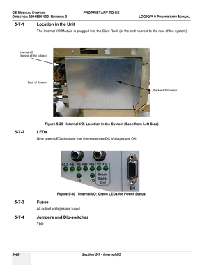 Page 170GE MEDICAL SYSTEMSPROPRIETARY TO GE
D
IRECTION 2294854-100, REVISION 3  LOGIQ™ 9 PROPRIETARYMANUAL   
5-40 Section 5-7 - Internal I/O
5-7-1 Location in the Unit
The Internal I/O Module is plugged into the Card Rack (at the end nearest to the rear of the system).
5-7-2 LEDs
Nine green LEDs indicate that the respective DC Voltages are OK.
5-7-3 Fuses
All output voltages are fused
5-7-4 Jumpers and Dip-switches
TBDFigure 5-29   Internal I/O: Location in the System (Seen from Left Side)
Figure 5-30...