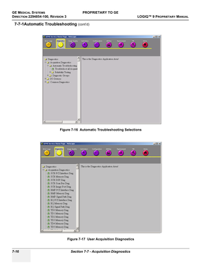 Page 234GE MEDICAL SYSTEMSPROPRIETARY TO GE
D
IRECTION 2294854-100, REVISION 3  LOGIQ™ 9 PROPRIETARYMANUAL   
7-16 Section 7-7 - Acquisition Diagnostics
7-7-1Automatic Troubleshooting (cont’d)
Figure 7-16  Automatic Troubleshooting Selections
Figure 7-17  User Acquisition Diagnostics 