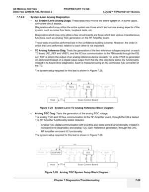 Page 247GE MEDICAL SYSTEMS PROPRIETARY TO GE
D
IRECTION 2294854-100, REVISION 3  LOGIQ™ 9 PROPRIETARYMANUAL 
Chapter 7 Diagnostics/Troubleshooting 7-29
7-7-4-8 System-Level Analog Diagnostics
•All System-Level Analog Diags: These tests may involve the entire system or, in some cases, 
only a few circuit boards.
Diagnostics which may utilize the entire system are those which test various analog aspects of the 
system, such as noise floor tests, loopback tests, etc.
Diagnostics which may only utilize a few circuit...