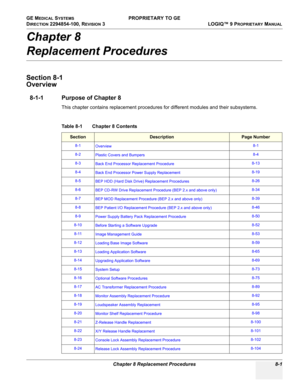 Page 299GE MEDICAL SYSTEMS PROPRIETARY TO GE
D
IRECTION 2294854-100, REVISION 3  LOGIQ™ 9 PROPRIETARYMANUAL 
Chapter 8 Replacement Procedures 8-1
Chapter 8
Replacement Procedures
Section 8-1
Overview
8-1-1 Purpose of Chapter 8
This chapter contains replacement procedures for different modules and their subsystems.
Table 8-1    Chapter 8 Contents
SectionDescriptionPage Number
8-1
Overview8-1
8-2
Plastic Covers and Bumpers8-4
8-3
Back End Processor Replacement Procedure8-13
8-4
Back End Processor Power Supply...