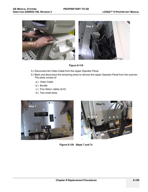 Page 407GE MEDICAL SYSTEMS PROPRIETARY TO GE
D
IRECTION 2294854-100, REVISION 3  LOGIQ™ 9 PROPRIETARYMANUAL 
Chapter 8 Replacement Procedures 8-109
5.) Disconnect the Video Cable from the Upper Operator Panel.
6.) Mark and disconnect the remaining wires to remove the Upper Operator Panel from the scanner. 
The wires consist of:
a.) Video Cable
b.) Bundle
c.) Five ribbon cables (A-E)
d.) Two small wiresFigure 8-119   
Figure 8-120   Steps 7 and 7c
Step 5Step 6
a
b
cdStep 7c
ABC D and E Step 7 