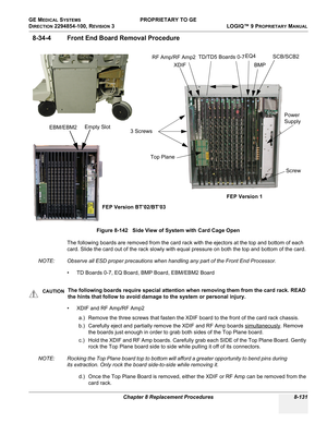 Page 429GE MEDICAL SYSTEMS PROPRIETARY TO GE
D
IRECTION 2294854-100, REVISION 3  LOGIQ™ 9 PROPRIETARYMANUAL 
Chapter 8 Replacement Procedures 8-131
8-34-4 Front End Board Removal Procedure
The following boards are removed from the card rack with the ejectors at the top and bottom of each 
card. Slide the card out of the rack slowly with equal pressure on both the top and bottom of the card.
NOTE: Observe all ESD proper precautions when handling any part of the Front End Processor.
• TD Boards 0-7, EQ Board, BMP...