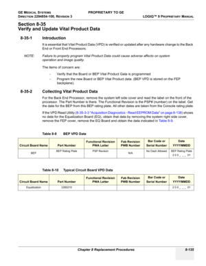 Page 433GE MEDICAL SYSTEMS PROPRIETARY TO GE
D
IRECTION 2294854-100, REVISION 3  LOGIQ™ 9 PROPRIETARYMANUAL 
Chapter 8 Replacement Procedures 8-135
Section 8-35
Verify and Update Vital Product Data
8-35-1 Introduction
It is essential that Vital Product Data (VPD) is verified or updated after any hardware change to the Back 
End or Front End Processors.
NOTE: Failure to properly program Vital Product Data could cause adverse affects on system 
operation and image quality.
The items of concern are:
- Verify that...