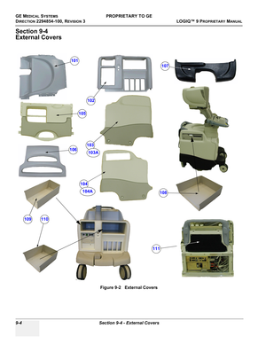 Page 496GE MEDICAL SYSTEMSPROPRIETARY TO GE
D
IRECTION 2294854-100, REVISION 3  LOGIQ™ 9 PROPRIETARYMANUAL   
9-4 Section 9-4 - External Covers
Section 9-4
External Covers
 
Figure 9-2   External Covers
101
102
103
104
105
106
107
108
109110
111
103A
104A 