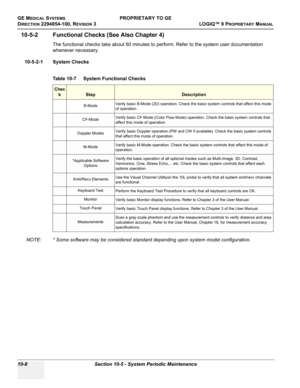 Page 542GE MEDICAL SYSTEMSPROPRIETARY TO GE
D
IRECTION 2294854-100, REVISION 3  LOGIQ™ 9 PROPRIETARYMANUAL   
10-8 Section 10-5 - System Periodic Maintenance
10-5-2 Functional Checks (See Also Chapter 4)
The functional checks take about 60 minutes to perform. Refer to the system user documentation 
whenever necessary.
10-5-2-1 System Checks
 
NOTE: * Some software may be considered standard depending upon system model configuration.Table 10-7    System Functional Checks
Chec
k
StepDescription
B-ModeVerify basic...