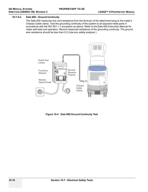 Page 550GE MEDICAL SYSTEMSPROPRIETARY TO GE
D
IRECTION 2294854-100, REVISION 3  LOGIQ™ 9 PROPRIETARYMANUAL   
10-16 Section 10-7 - Electrical Safety Tests
10-7-4-2 Dale 600 - Ground Continuity
The Dale 600 measures line cord resistance from the third pin of the attachment plug to the meter’s 
Chassis Cable clamp. Test the grounding continuity of the system to all exposed metal parts in 
accordance with the IEC 601-1.1 procedure as above. Refer to the Dale 600 Instruction Manual for 
meter self tests and...