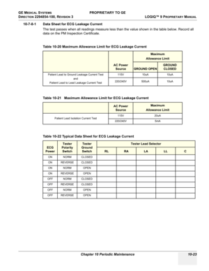 Page 557GE MEDICAL SYSTEMS PROPRIETARY TO GE
D
IRECTION 2294854-100, REVISION 3  LOGIQ™ 9 PROPRIETARYMANUAL 
Chapter 10 Periodic Maintenance 10-23
10-7-8-1 Data Sheet for ECG Leakage Current
The test passes when all readings measure less than the value shown in the table below. Record all 
data on the PM Inspection Certificate.
Table 10-20 Maximum Allowance Limit for ECG Leakage Current
AC Power 
Source
Maximum
Allowance Limit
GROUND OPEN
GROUND 
CLOSED
Patient Lead to Ground Leakage Current Test
and
Patient...