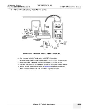 Page 559GE MEDICAL SYSTEMS PROPRIETARY TO GE
D
IRECTION 2294854-100, REVISION 3  LOGIQ™ 9 PROPRIETARYMANUAL 
Chapter 10 Periodic Maintenance 10-25
10-7-9-3Meter Procedure Using Probe Adapter (cont’d)
6.) Set the meters “FUNCTION” switch to EXTERNAL position.
7.) Add the saline probe and the imaging area of the probe into the saline bath.
8.) Have unit power ON for the first part; turn it OFF for the second half.
9.) Depress the ISO TEST rocker switch and record the highest current reading.
10.) Follow the test...