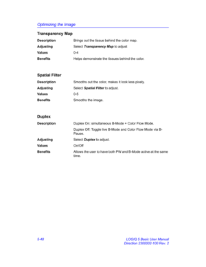 Page 172Optimizing the Image
5-48 LOGIQ 5 Basic User Manual
Direction 2300002-100 Rev. 2
Transparency Map
DescriptionBrings out the tissue behind the color map. 
AdjustingSelect Transparency Map to adjust
Va l u e s0-4
BenefitsHelps demonstrate the tissues behind the color. 
Spatial Filter
DescriptionSmooths out the color, makes it look less pixely. 
AdjustingSelect Spatial Filter to adjust. 
Va l u e s0-5
BenefitsSmooths the image. 
Duplex
DescriptionDuplex On: simultaneous B-Mode + Color Flow Mode. 
Duplex...