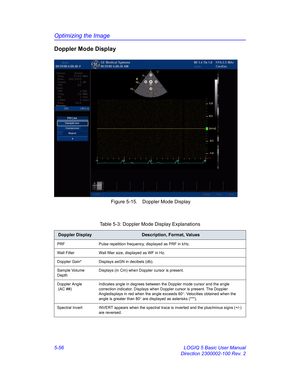 Page 180Optimizing the Image
5-56 LOGIQ 5 Basic User Manual
Direction 2300002-100 Rev. 2
Doppler Mode Display
 Figure 5-15. Doppler Mode Display
Table 5-3: Doppler Mode Display Explanations
Doppler DisplayDescription, Format, Values
PRF Pulse repetition frequency, displayed as PRF in kHz. 
Wall Filter Wall filter size, displayed as WF in Hz. 
Doppler Gain* Displays asGN in decibels (db). 
Sample Volume 
DepthDisplays (in Cm) when Doppler cursor is present.  
Doppler Angle
 (AC ##)Indicates angle in degrees...