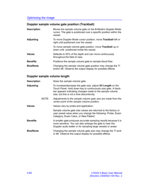 Page 184Optimizing the Image
5-60 LOGIQ 5 Basic User Manual
Direction 2300002-100 Rev. 2
Doppler sample volume gate position (Trackball)
DescriptionMoves the sample volume gate on the B-Modes Doppler Mode 
cursor. The gate is positioned over a specific position within the 
vessel. 
AdjustingTo move Doppler Mode cursor position, move Trackball left or 
right until positioned over the vessel. 
To move sample volume gate position, move Trackball up or 
down until  positioned inside the vessel. 
Va l u e sDefaults...