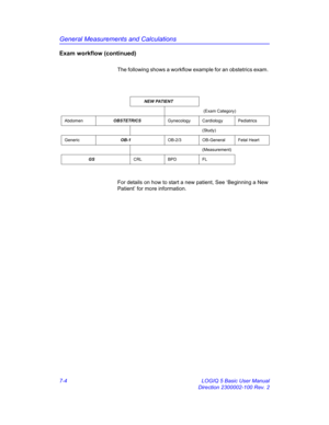 Page 254General Measurements and Calculations
7-4 LOGIQ 5 Basic User Manual
Direction 2300002-100 Rev. 2
Exam workflow (continued)
The following shows a workflow example for an obstetrics exam. 
For details on how to start a new patient, See ‘Beginning a New 
Patient’ for more information.
         NEW PATIENT
 (Exam Category)
Abdomen             OBSTETRICSGynecology Cardiology Pediatrics
(Study)
Generic                  OB-1OB-2/3 OB-General Fetal Heart
(Measurement)
                    GSCRL BPD FL 