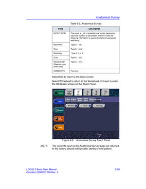 Page 425Anatomical Survey
LOGIQ 5 Basic User Manual 9-59
Direction 2300002-100 Rev. 2Select Exit to return to the Scan screen.
Select Worksheet to return to the Worksheet or Graph to enter 
the OB Graph screen on the Touch Panel.
 Figure 9-9. Anatomical Survey Touch Panel
NOTE:  The contents input on the Anatomical Survey page are returned 
to the factory default settings after starting a new patient. 
BIOPHYSICAL The score is _ of 10 possible total points, depending 
upon the number of parameters entered. Enter...