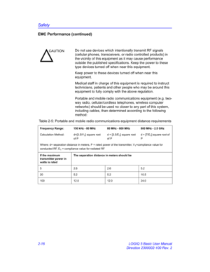 Page 44Safety
2-16 LOGIQ 5 Basic User Manual
Direction 2300002-100 Rev. 2
EMC Performance (continued)
Portable and mobile radio communications equipment (e.g. two-
way radio, cellular/cordless telephones, wireless computer 
networks) should be used no closer to any part of this system, 
including cables, than determined according to the following 
method: 
CAUTIONDo not use devices which intentionally transmit RF signals 
(cellular phones, transceivers, or radio controlled products) in 
the vicinity of this...