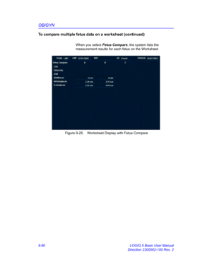 Page 446OB/GYN
9-80 LOGIQ 5 Basic User Manual
Direction 2300002-100 Rev. 2
To compare multiple fetus data on a worksheet (continued)
When you select Fetus Compare, the system lists the 
measurement results for each fetus on the Worksheet.
 Figure 9-25. Worksheet Display with Fetus Compare 