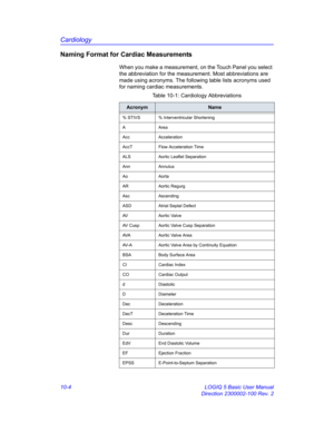 Page 474Cardiology
10-4 LOGIQ 5 Basic User Manual
Direction 2300002-100 Rev. 2
Naming Format for Cardiac Measurements
When you make a measurement, on the Touch Panel you select 
the abbreviation for the measurement. Most abbreviations are 
made using acronyms. The following table lists acronyms used 
for naming cardiac measurements. 
Table 10-1: Cardiology Abbreviations
AcronymName
% STIVS % Interventricular Shortening
AArea
Acc Acceleration
AccT Flow Acceleration Time
ALS Aortic Leaflet Separation
Ann Annulus...