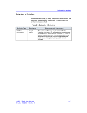 Page 49Safety Precautions
LOGIQ 5 Basic User Manual 2-21
Direction 2300002-100 Rev. 2
Declaration of Emissions
This system is suitable for use in the following environment. The 
user must assure that it is used only in the electromagnetic 
environment as specified. 
Table 2-6: Declaration of Emissions
Emission TypeComplianceElectromagnetic Environment
CISPR 11 
RF EmissionsGroup 1 
Class AThis system uses RF energy only for its internal function. 
Therefore, RF emissions are very low and are not likely to cause...