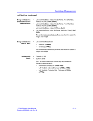 Page 489Cardiology Measurements
LOGIQ 5 Basic User Manual 10-19
Direction 2300002-100 Rev. 2
Left Ventricle (continued)
Body surface area
and stroke volume
measurements•  Left Ventricle Stroke Index, Single Plane, Two Chamber, 
Method of Disk (LV I D d, LV I D s)
•  Left Ventricle Stroke Index, Single Plane, Four Chamber, 
Method of Disk (LV I D d, LV I D s)
•  Left Ventricle Stroke Index, Bi-Plane, Bullet 
•  Left Ventricle Stroke Index, Bi-Plane, Method of Disk (LVAd, 
LVA s)
The system calculates body surface...