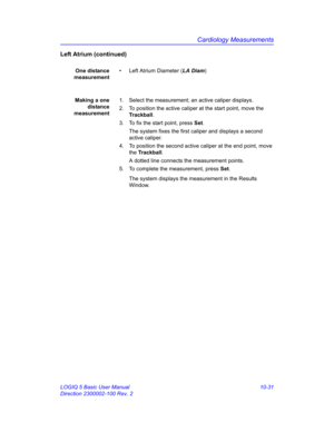 Page 501Cardiology Measurements
LOGIQ 5 Basic User Manual 10-31
Direction 2300002-100 Rev. 2
Left Atrium (continued)
One distance
measurement•  Left Atrium Diameter (LA Diam)
Making a one
distance
measurement1.  Select the measurement; an active caliper displays.
2.  To position the active caliper at the start point, move the 
Trackball.
3.  To fix the start point, press Set.
The system fixes the first caliper and displays a second 
active caliper.
4.  To position the second active caliper at the end point, move...