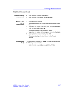 Page 507Cardiology Measurements
LOGIQ 5 Basic User Manual 10-37
Direction 2300002-100 Rev. 2
Right Ventricle (continued)
One time interval
measurements•  Right Ventricle Ejection Time (RVET)
•  Right Ventricle Pre-Ejection Period (RVPEP)
Making a time
interval
measurement1.  Select the measurement.
The system displays an active caliper and a vertical dotted 
line. 
2.  To position the caliper at the start point, move the Trackball.
3.  To fix the first caliper, press Set.
The system displays a second active...