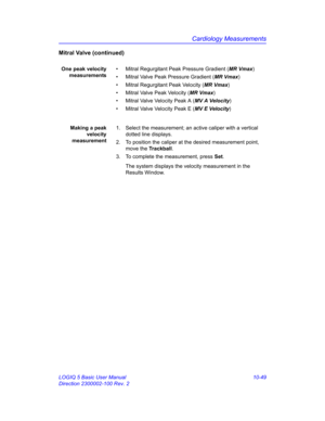 Page 519Cardiology Measurements
LOGIQ 5 Basic User Manual 10-49
Direction 2300002-100 Rev. 2
Mitral Valve (continued)
One peak velocity
measurements•  Mitral Regurgitant Peak Pressure Gradient (MR Vmax)
•  Mitral Valve Peak Pressure Gradient (MR Vmax)
•  Mitral Regurgitant Peak Velocity (MR Vmax)
•  Mitral Valve Peak Velocity (MR Vmax)
•  Mitral Valve Velocity Peak A (MV A Velocity)
•  Mitral Valve Velocity Peak E (MV E Velocity)
Making a peak
velocity
measurement1.  Select the measurement; an active caliper...