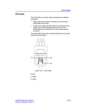 Page 555ECG Option
LOGIQ 5 Basic User Manual 10-85
Direction 2300002-100 Rev. 2
ECG Cable
The ECG Cable is a modular cable consisting of two different 
cable parts:
•  Single cable with a system connection at one end and a 
cable splitter at the other.
•  A triple color-coded electrode cable to be inserted into the 
splitter device. Each electrode cable hooks up to the 
appropriate stick-on electrode by a color-coded clip type 
connector.
The cable splitter device has a drawing defining the color codes, 
names...