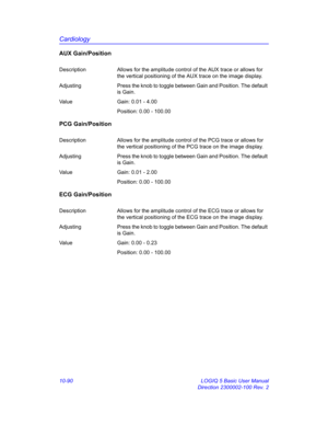 Page 560Cardiology
10-90 LOGIQ 5 Basic User Manual
Direction 2300002-100 Rev. 2
AUX Gain/Position
Description Allows for the amplitude control of the AUX trace or allows for 
the vertical positioning of the AUX trace on the image display.
Adjusting Press the knob to toggle between Gain and Position. The default 
is Gain.
Value Gain: 0.01 - 4.00
Position: 0.00 - 100.00
PCG Gain/Position
Description Allows for the amplitude control of the PCG trace or allows for 
the vertical positioning of the PCG trace on the...