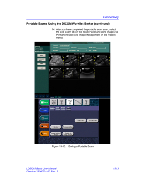 Page 633Connectivity
LOGIQ 5 Basic User Manual 15-13
Direction 2300002-100 Rev. 2
Portable Exams Using the DICOM Worklist Broker (continued)
14.  After you have completed the portable exam scan, select 
the End Exam tab on the Touch Panel and store images via 
Permanent Store (via Image Management on the Patient 
menu). 
 Figure 15-13. Ending a Portable Exam 