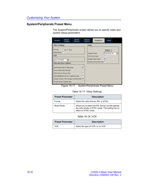 Page 692Customizing Your System
16-32 LOGIQ 5 Basic User Manual
Direction 2300002-100 Rev. 2
System/Peripherals Preset Menu
The System/Peripherals screen allows you to specify video and 
system setup parameters.
 Figure 16-17. System/Peripherals Preset Menu 
Table 16-17: Video Settings 
Preset ParameterDescription
Format Select the video format, PAL or NTSC.
Mixed Mode Allows you to select the PAL format, but still operate 
the color printer in NTSC mode. This setting has no 
effect on NTSC mode. 
Table 16-18:...