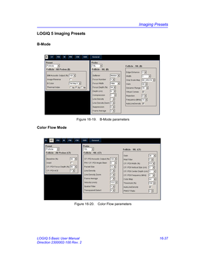 Page 697Imaging Presets
LOGIQ 5 Basic User Manual 16-37
Direction 2300002-100 Rev. 2
LOGIQ 5 Imaging Presets
B-Mode
 Figure 16-19. B-Mode parameters
Color Flow Mode
 Figure 16-20. Color Flow parameters 