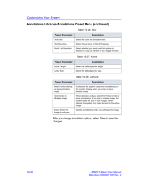 Page 706Customizing Your System
16-46 LOGIQ 5 Basic User Manual
Direction 2300002-100 Rev. 2
Annotations Libraries/Annotations Preset Menu (continued)
After you change annotation options, select Save to save the 
changes.Table 16-26: Text
Preset ParameterDescription
Text color Select the color for annotation text.
Text Boundary Select Group Move or Word Wrapping.
Small List Operation Select whether you want small list options to 
display in a pop-up window or by a toggle function.
Table 16-27: Arrow
Preset...