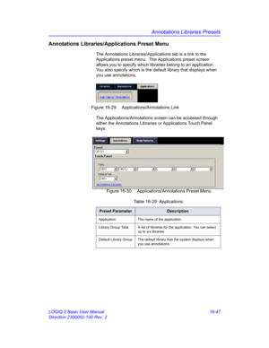 Page 707Annotations Libraries Presets
LOGIQ 5 Basic User Manual 16-47
Direction 2300002-100 Rev. 2
Annotations Libraries/Applications Preset Menu
The Annotations Libraries/Applications tab is a link to the 
Applications preset menu.  The Applications preset screen 
allows you to specify which libraries belong to an application. 
You also specify which is the default library that displays when 
you use annotations. 
 Figure 16-29. Applications/Annotations Link
The Applications/Annotations screen can be accessed...