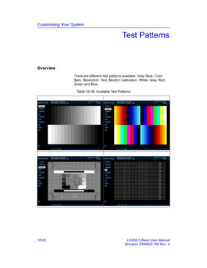 Page 722Customizing Your System
16-62 LOGIQ 5 Basic User Manual
Direction 2300002-100 Rev. 2
Test Patterns
Overview
There are different test patterns available: Gray Bars, Color 
Bars, Resolution, Text, Monitor Calibration, White, Gray, Red, 
Green and Blue.
Table 16-38: Available Test Patterns 