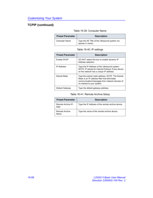 Page 728Customizing Your System
16-68 LOGIQ 5 Basic User Manual
Direction 2300002-100 Rev. 2
TCPIP (continued)
Table 16-39: Computer Name
Preset ParameterDescription
Computer Name Type the AE Title of the Ultrasound system (no 
spaces in name).
Table 16-40: IP settings
Preset ParameterDescription
Enable DHCP DO NOT select this box to enable dynamic IP 
Address selection.
IP-Address Type the IP Address of the Ultrasound system. 
NOTE: IP stands for Internet Protocol. Every device 
on the network has a unique IP...